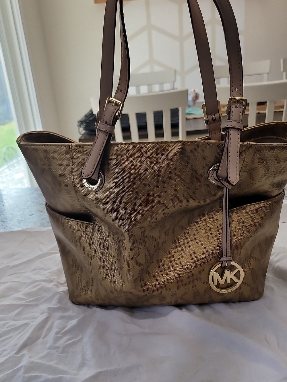 Michael Kors Brown MK Logo Tote with Gold Hardware